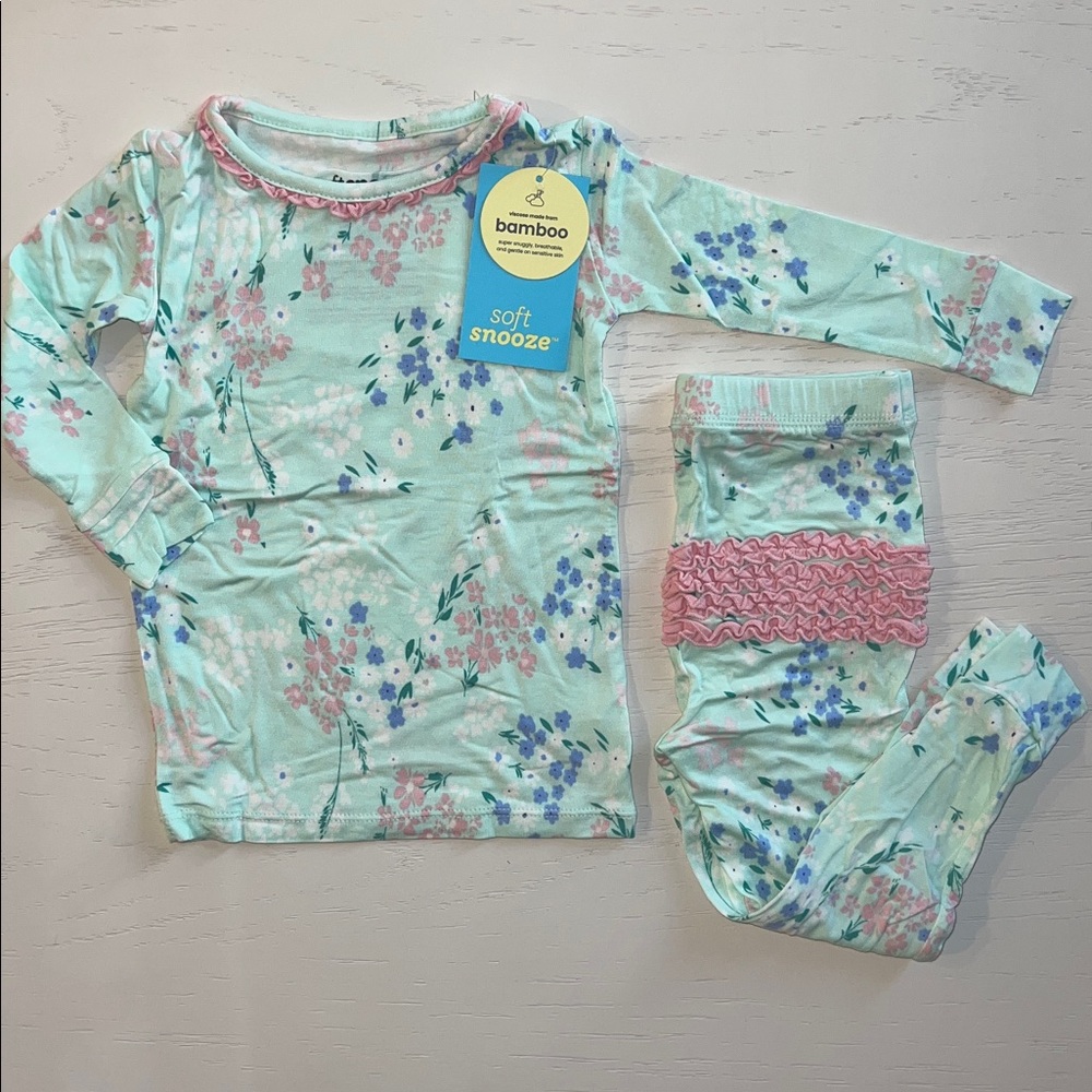 Rufflebutts Bamboo Mint Floral Ruffle Kids Pajama Set 3T
